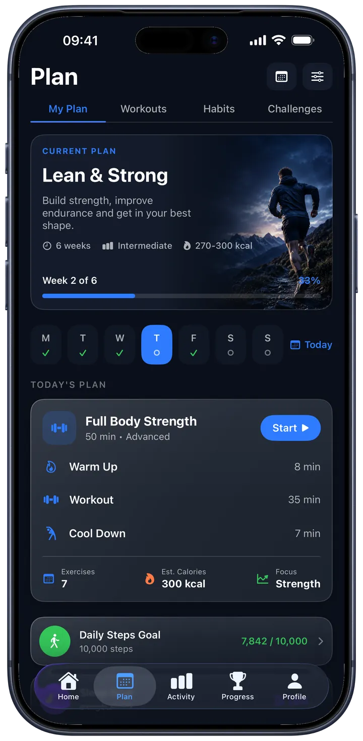 The Plan tab: the Lean and Strong plan in week 2 of 6, the days of the week, and today's HIIT Cardio session split into warm-up, workout and cool-down.